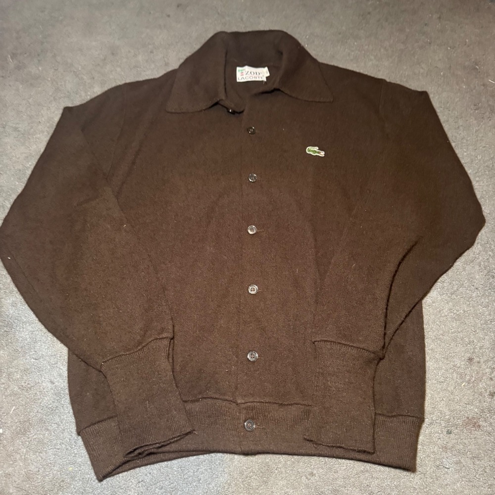 Vintage Izod Lacoste Brown Button Up Cardigan Sweater Mens XL Crocodile Logo